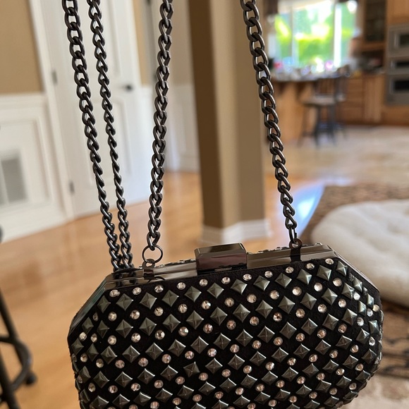Black H&M Clutch Studs & Rhinestones Converts to Cross Body Detachable Chain - Picture 5 of 10
